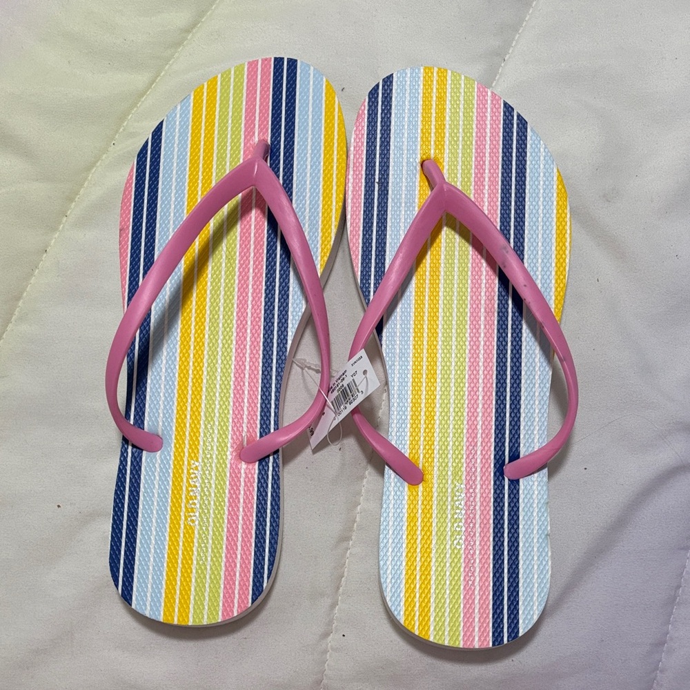 Old Navy Multicolor Striped Flip Flops with Pink Straps